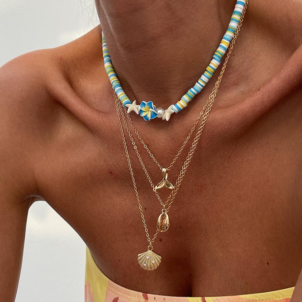 Ocean Style Coconut Tree Fishtail Pendant Colorful Soft Pottery Necklace, Bohemian Starfish Scallop Shell Necklace