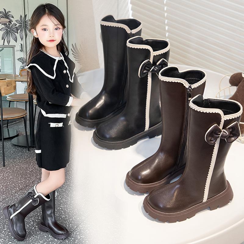 School Shoes for Girls Boots Autumn Kids Princess Leather Boots with Cute Bow Soft Sole Simple Christmas Party Boots