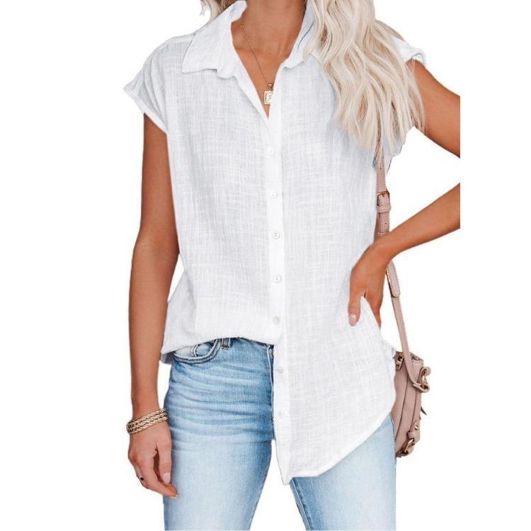 Women Casual Short Sleeve Shirt Summer Solid Color Lapel Top Single Breasted Blouse