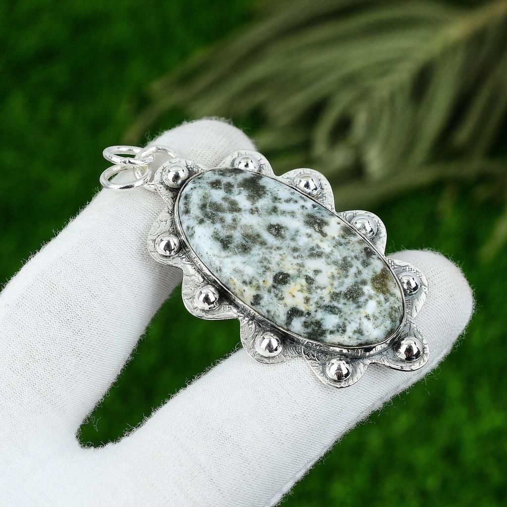 Natural Tree Agate Gemstone Pendant Green 925 Sterling Silver Indian Jewelry