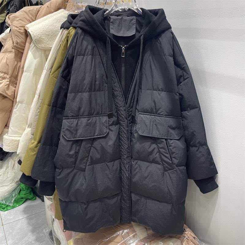 Plus Size Korean Style Loose Winter Slimming Mid-Length Down Jacket with Faux Two-Piece Hoodie
