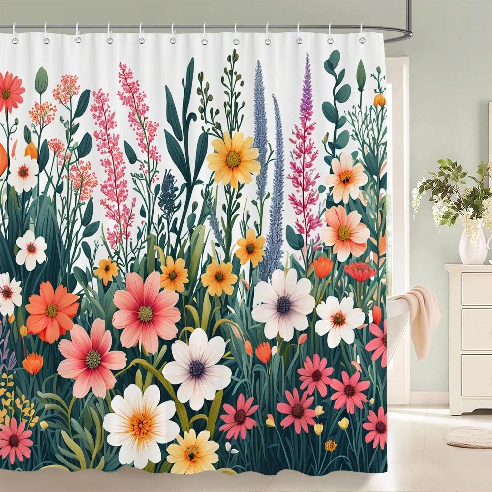 Rideau de douche Fleurs Magnifiques, Feuilles Aquarelle Sur La Plante Supérieure Avec Décor Floral de Salle de Bain, Ensemble de Rideau de Douche Avec Crochets