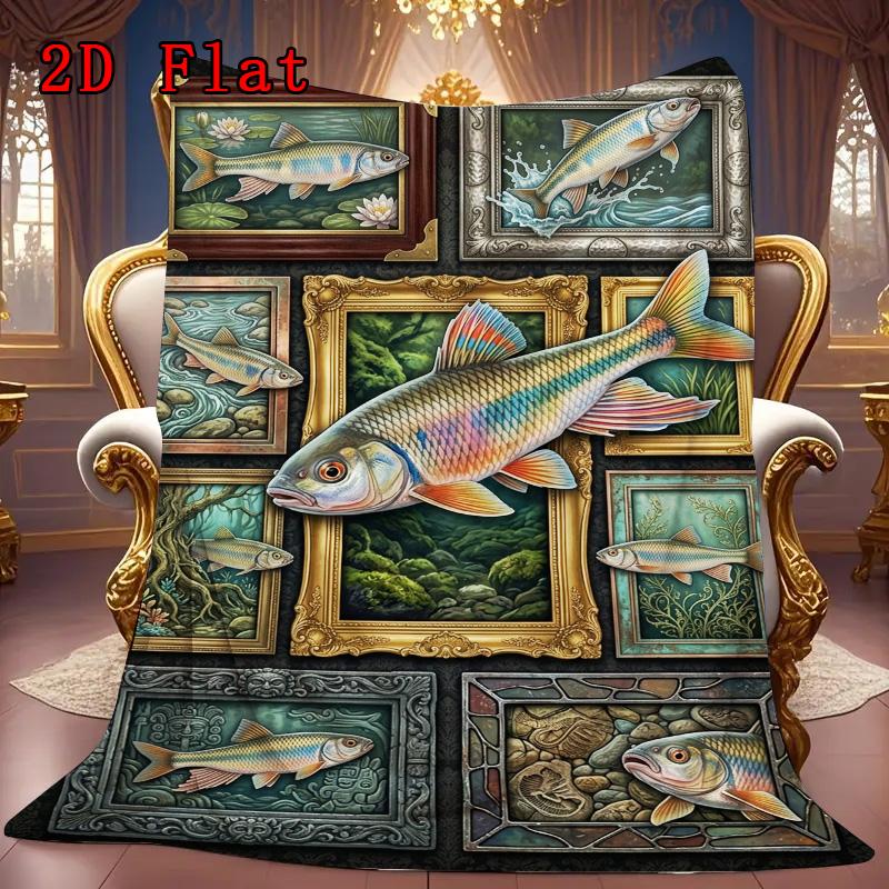 Fish Art Collection 2D Flat Pattern Flannel Blanket, High Quality All Seasons, Home Decor, Warmth and Comfort, Perfect for Christmas Gifts.
