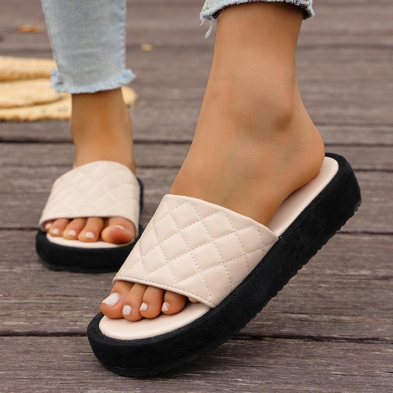 Women's Wide Width Platform Sandals - Slip-On Checkered Slide Sandals with Wide Strap, Casual Thick Sole Flat Sandals