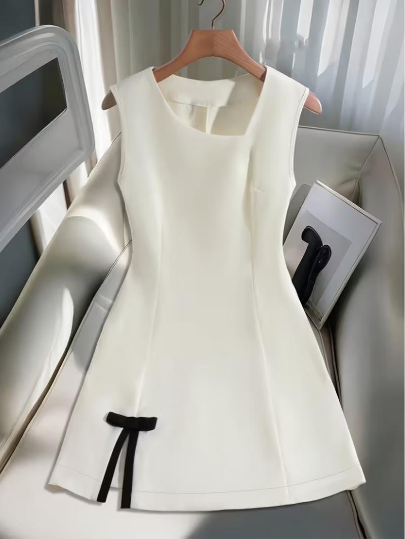 2025 Hepburn-Inspired Elegant Slimming Bow Patchwork Autumn Dress Medium белый