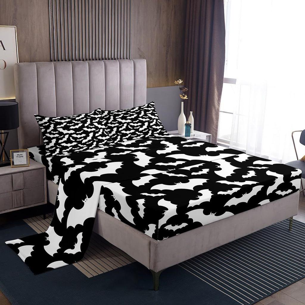 Halloween Bat Pattern Bed Hat Four-Piece Bedding Set Bedroom Dormitory Bedding Decoration