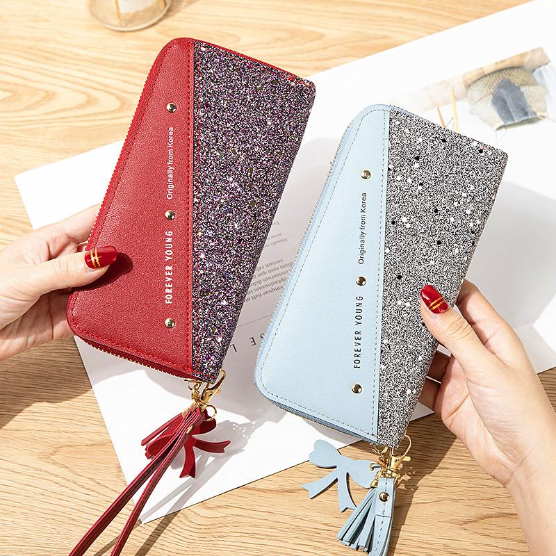 Women's Long Zipper Wallet: Korean Style Patchwork with Tassel & Rivet Phone Bag