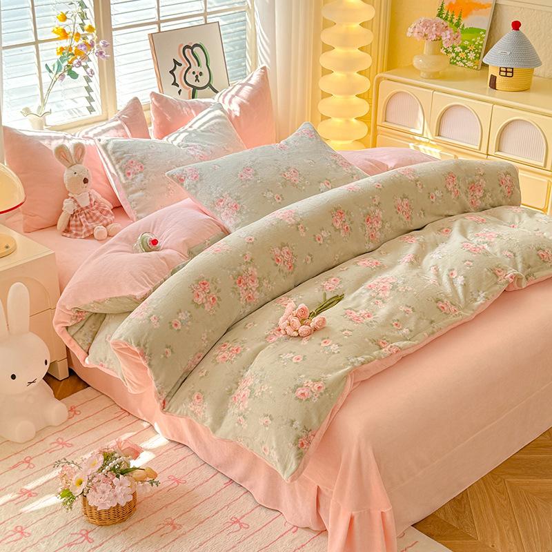

Winter New Printed Small Fresh Style Milk Fleece Bed Sheet Four-Piece Set Set Student Dormitory Three-Piece Set 1.2m sheet 3pcs