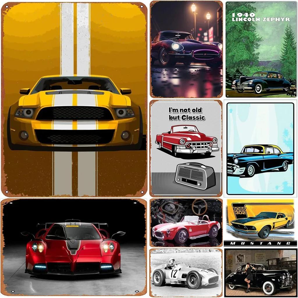 Vintage Car Metal Tin Signs Benz Mustang Posters Plate Wall Decor for Garage Bars Man Cave Cafe Clubs Retro Posters Plaque