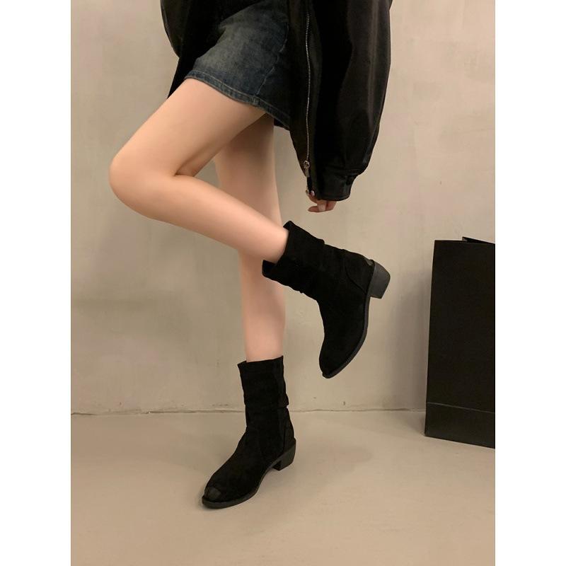 Vintage Western Cowboy Boots Short Skinny Pleated Pile Boots Women's Pointed Thick Heel Short Boots