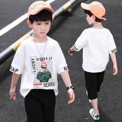 Children's Clothing Boys Summer Suit Fashion Soft Breathable Light Breathable Cartoon Letter Printing Short Sleeves + Cropped Pants Two-piece Set