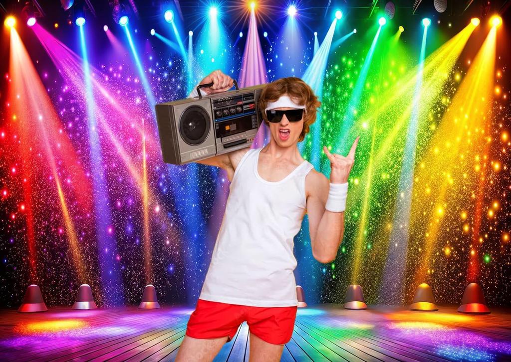 7x5ft Fabric Disco Rainbow Stage 70s 80s 90s Backdrop Vintage Lights Photography Background Rock Music Club Neon Glow Party Decorations