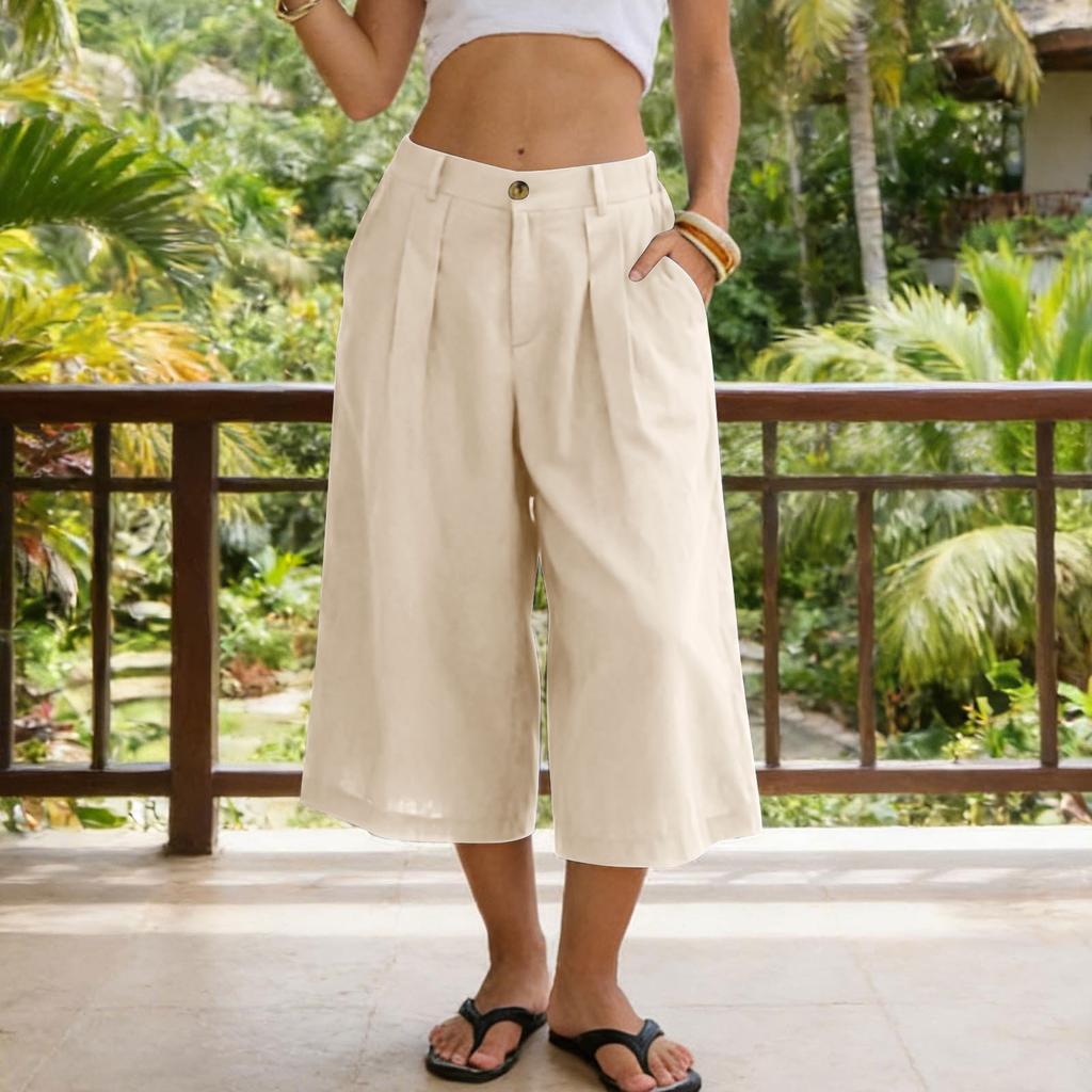 Women’s Casual Loose Fit Cropped Pants with Pockets Relaxed Mid Waist Wide Leg Seven Quarter Length Trousers for Everyday Wear