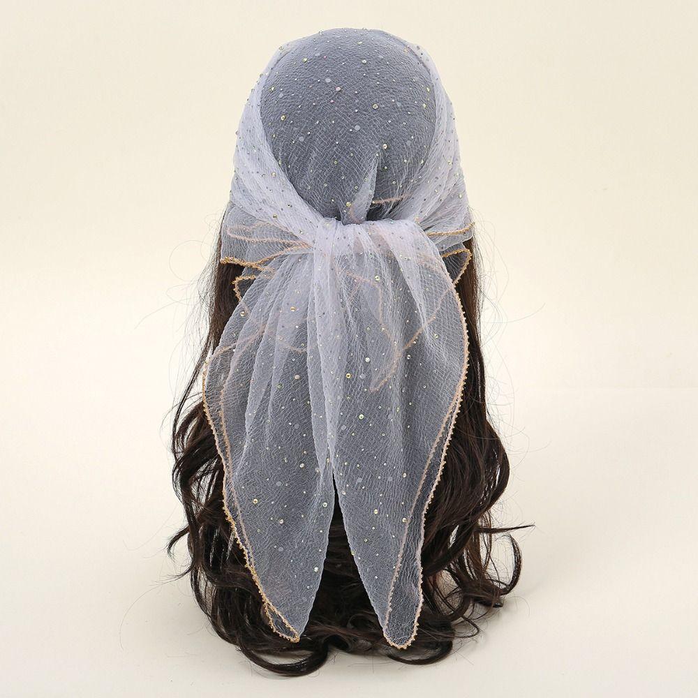 Thin Sparkling Headwrap Sequin Mesh Bandana Hotfix Rhinestone Square Scarf Women Fashion