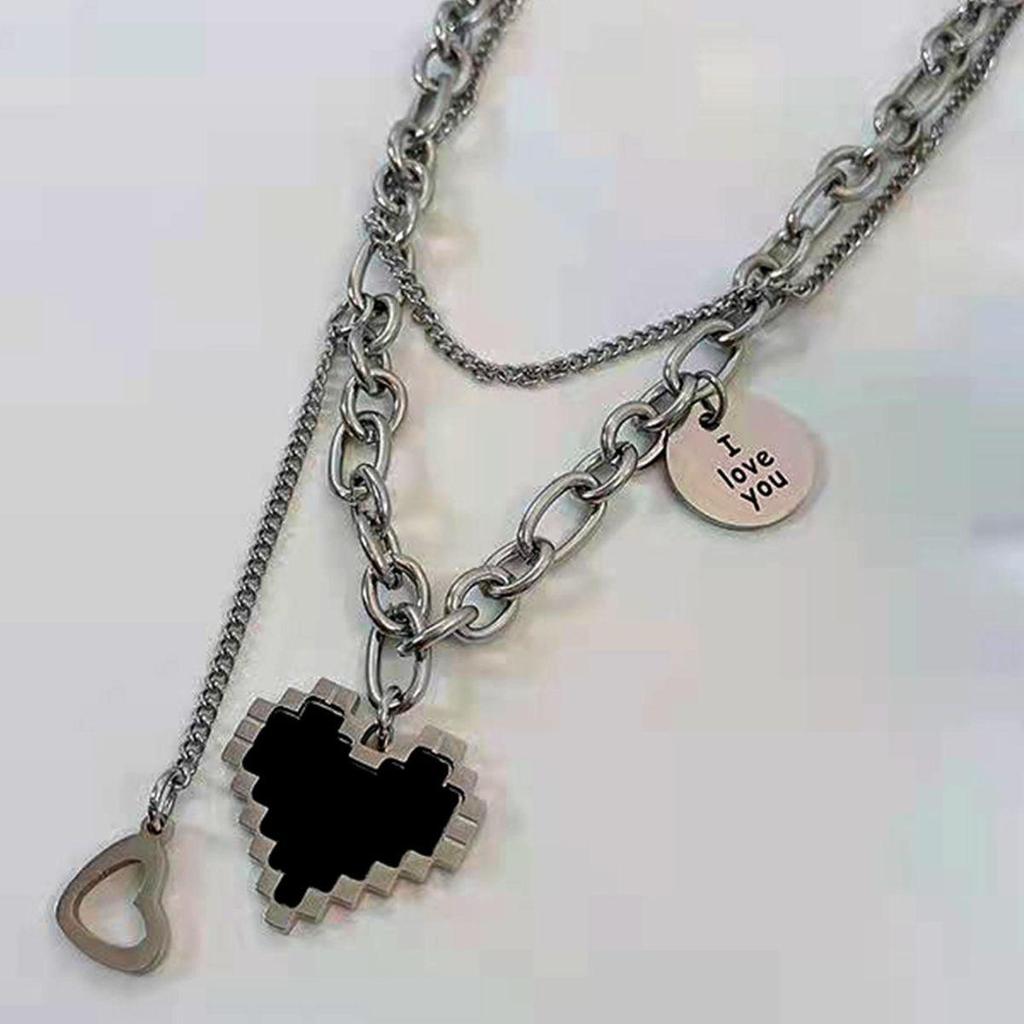 Valentine's Day Black Mosaic Heart & Peach Heart Double-Layer Hip Hop Necklace