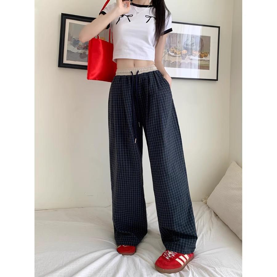 2025 Women's Retro Plaid High-Waist Wide-Leg Pants: Spring/Summer Casual, Versatile, Loose Fit, Floor-Length Trousers