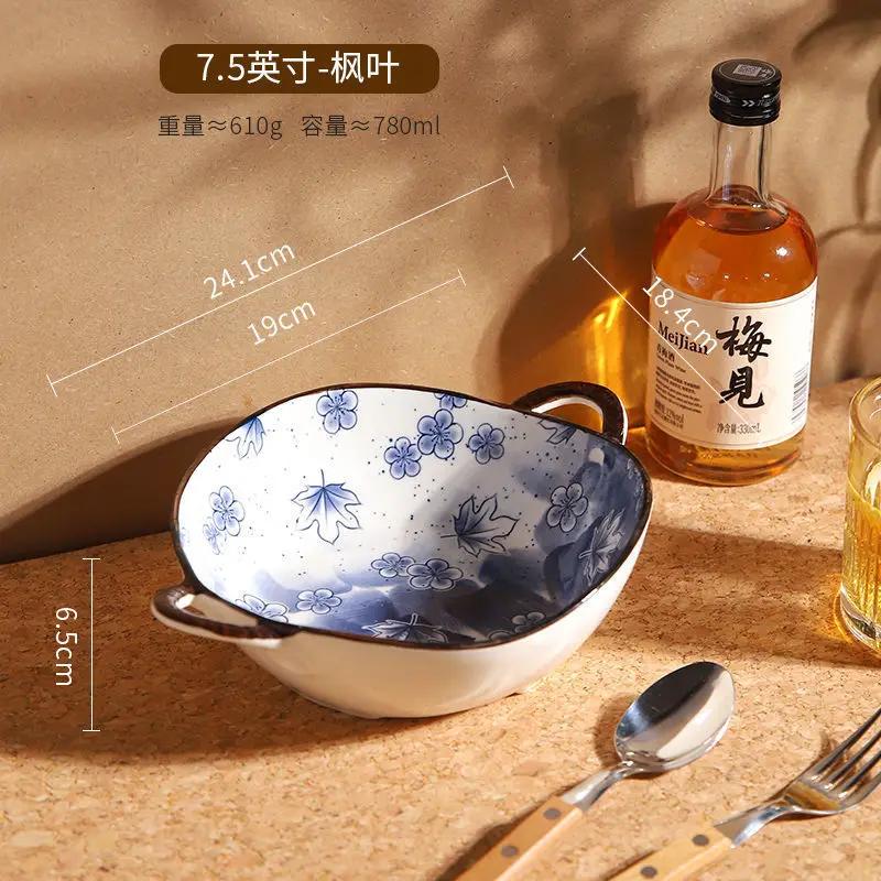 700ml Ceramic Salad Bowl With Handle Kitchen Soup Noodle Bowl Pasta Fruit Bowls Japanese Tableware Microwave Oven Bakware Pan
