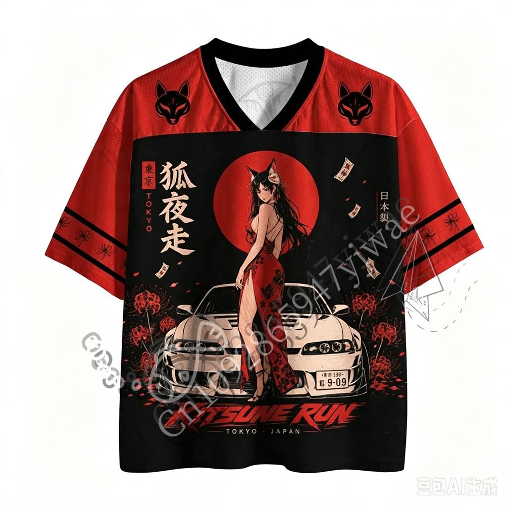 Kitsune Runner Motorcycle Style Jersey Japanese Culture Shirt Fashion Y2K Top Retro Punk T-shirt Summer Men Women Beach T-shirt