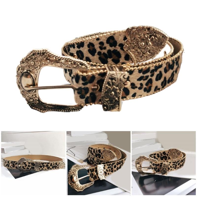 Fashion Leopard Print Belt Girl Metal Buckles Belt 2000s Waistband Ethnic Waistbelt Bead Trim Belt Aesthetic Buckles Belt