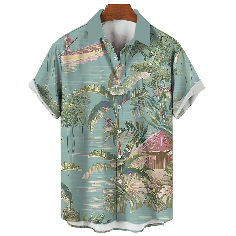 Hawaiian shirt, men's and women's 3D palm tree print, fashionable casual short sleeved shirt, lapel button top, oversized unisex clothing