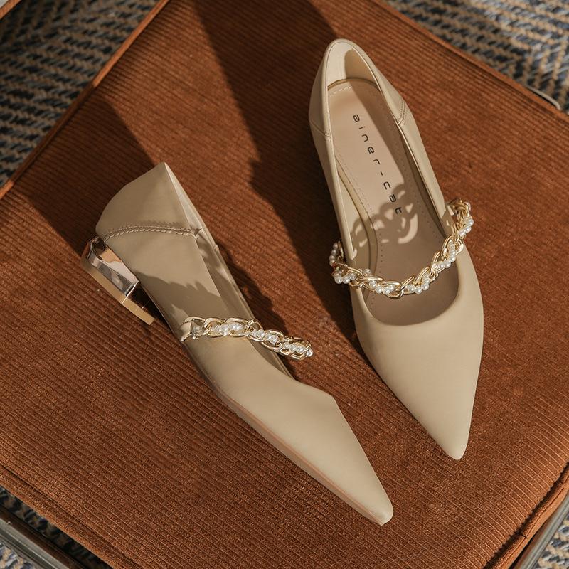 

2218 [sheepskin] thick-heeled flat shoes for women s 2025 autumn new pointed pearl chain temperament Mary Jane single shoes 40