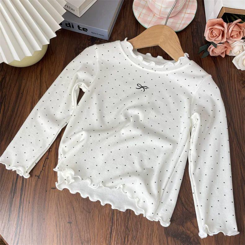 Children's Polka Dot Ruffle Collar Long-Sleeve T-shirt with Bowknot