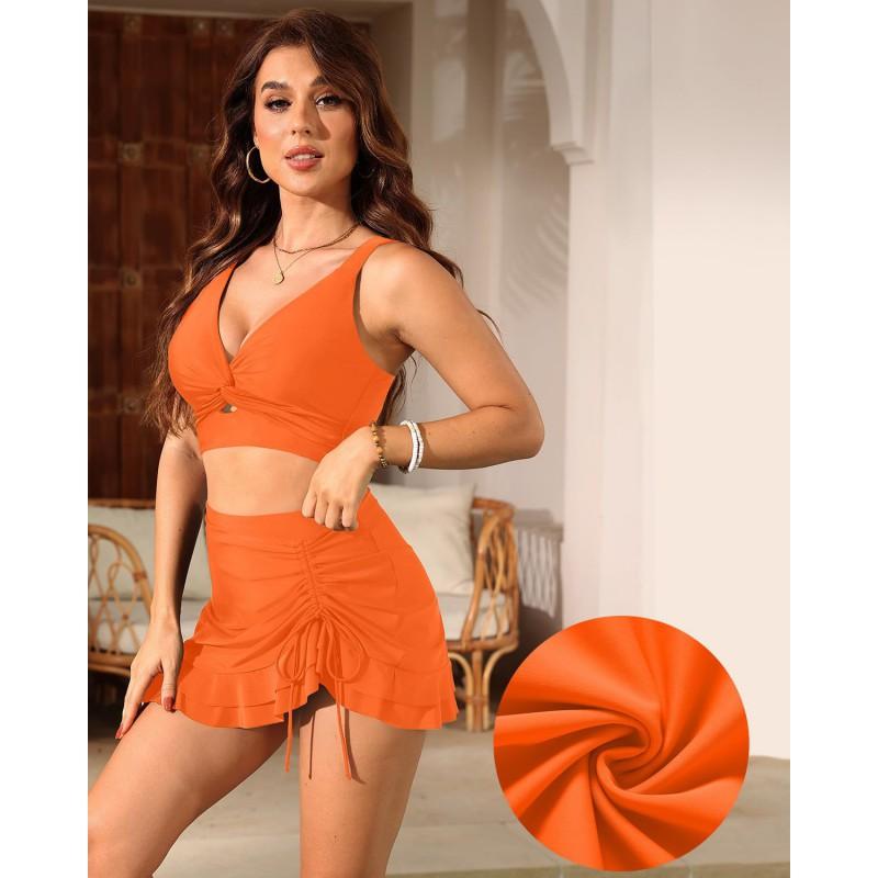 Womens Adjustable Tie-Front Bikini Set With Ruffled Skirt Bottom High Elasticity Swimwear Pool Beach Vacation