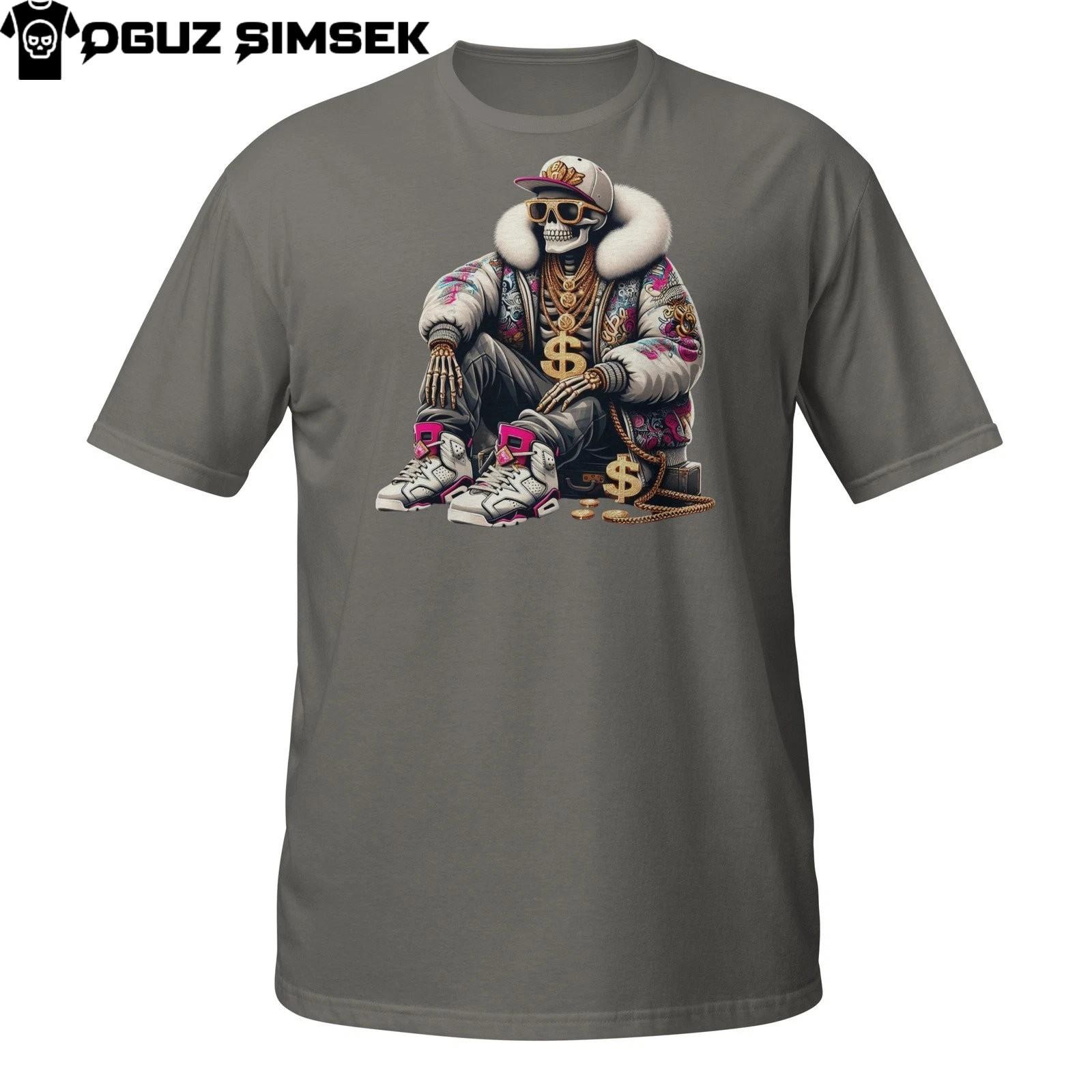 Gangsta Skeleton T-Shirt Mens Womens Tees Top – Streetwear Skull with Gold Chains T-Shirt Mens Womens Tees Top XL