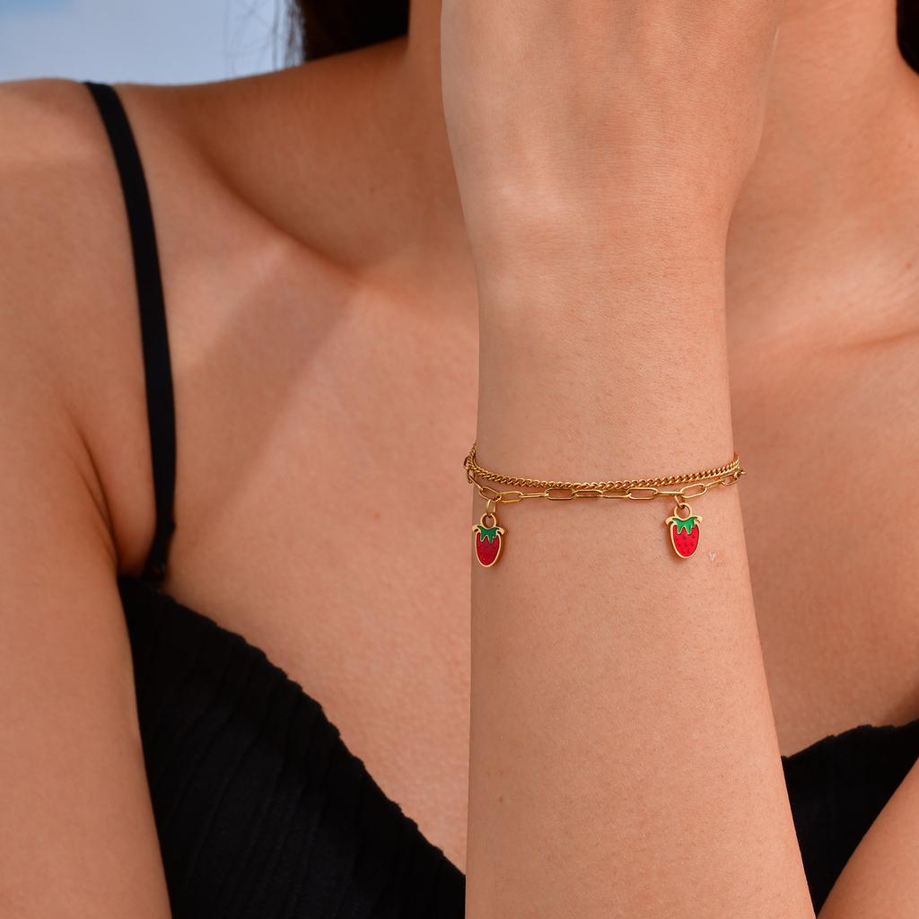 Wind Design Girl Sweet Stainless Steel Double Strawberry Cherry Bracelet, Jewelry Br-2577