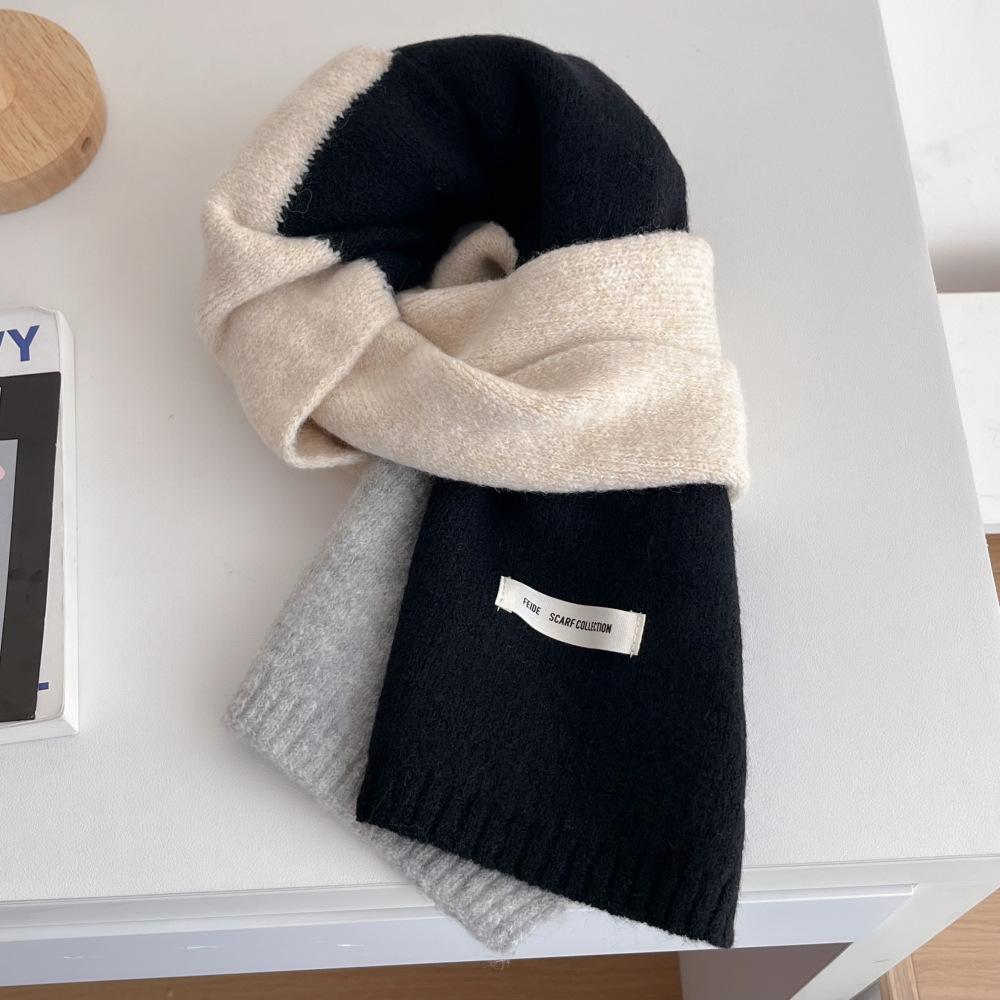 Winter New Three-color Color Matching Contrasting Scarf Women's Wool Knitted Warm Shawl Trendy Universal Scarf Men's Versatile
