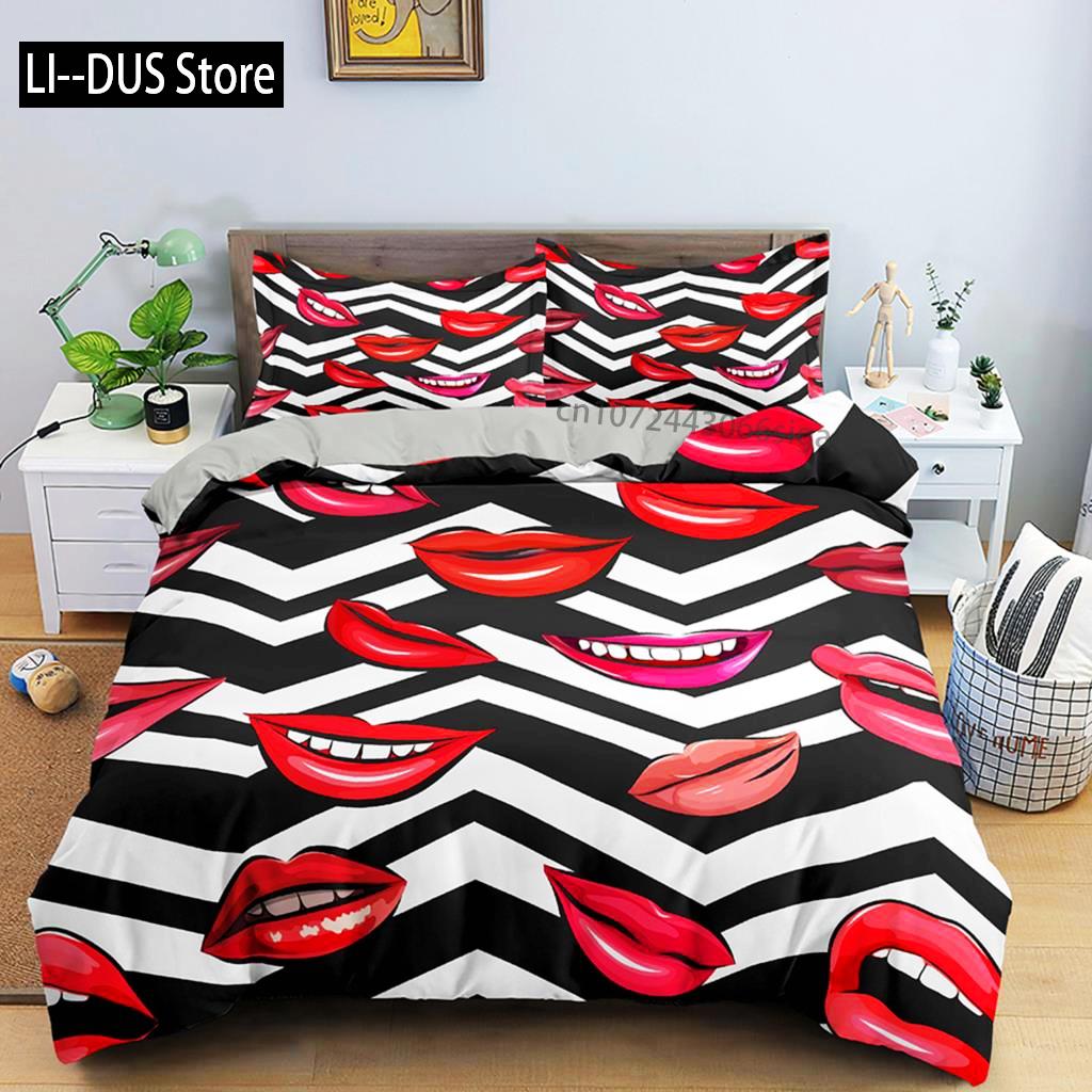 Red Lips Duvet Cover Set 3D Bedding Set Kiss Me Red Lips Bedclothes King Size Quilt Cover Sexy Lips For Women Men Bedroom Decor EU single(135x200cm)