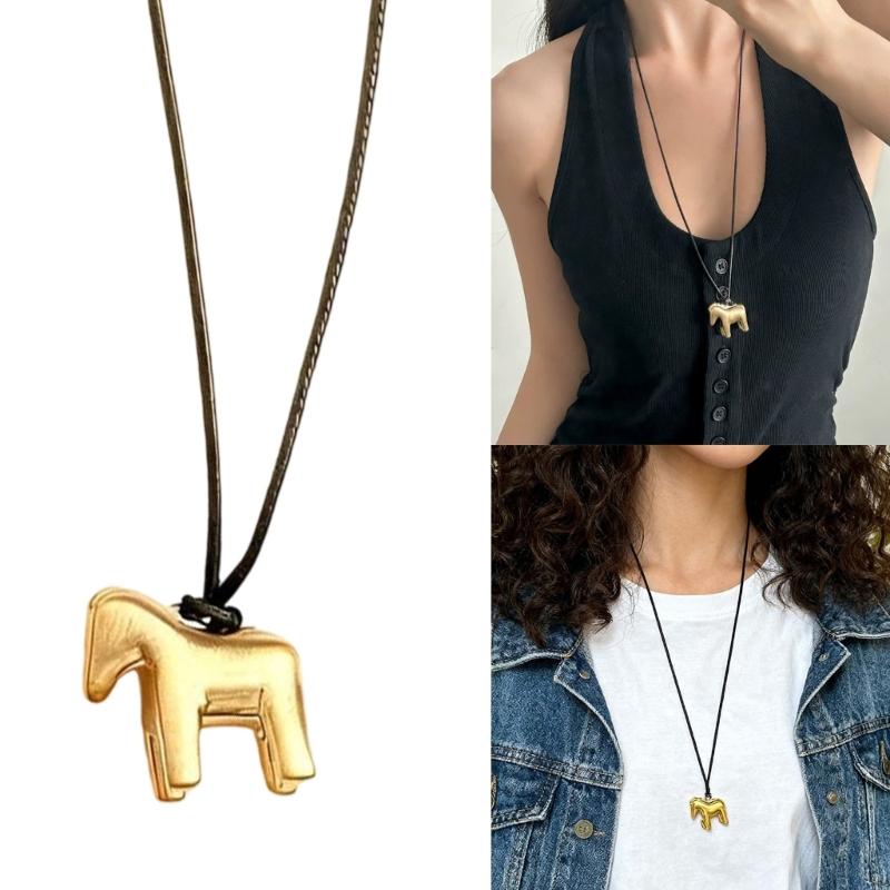 Soft Leather Cord Necklace Featuring Detailed Horse Charm Fashionable for Women