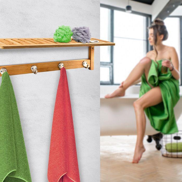 Relaxdays porte-serviette porte-manteau mural avec tagère bambou, métal 50 x 16 x 18 cm…