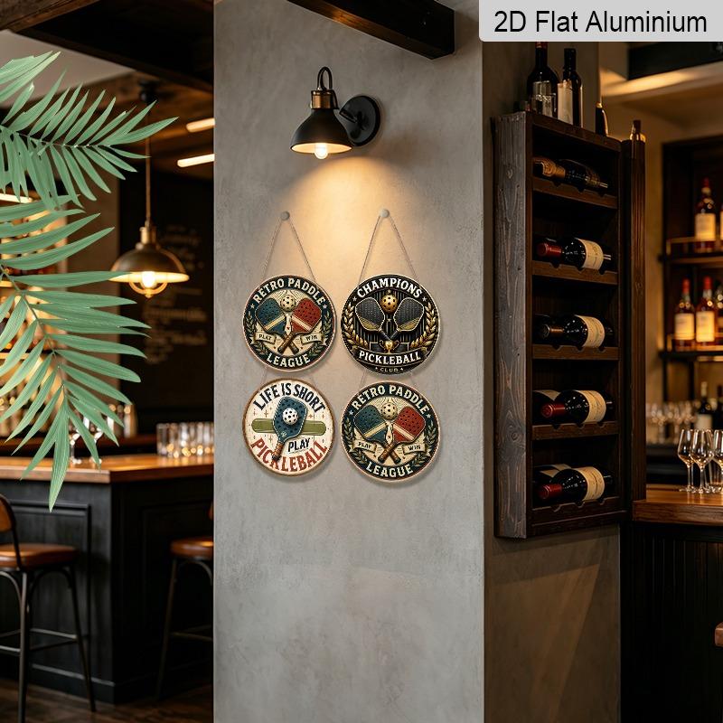 2D Flat, 4Pcs Retro Pickleball Aluminum Round Hanging Sign Set, Pickleball Paddle Champion Club Metal Wall Pendant, Garage Bar Patio Club Home Wall