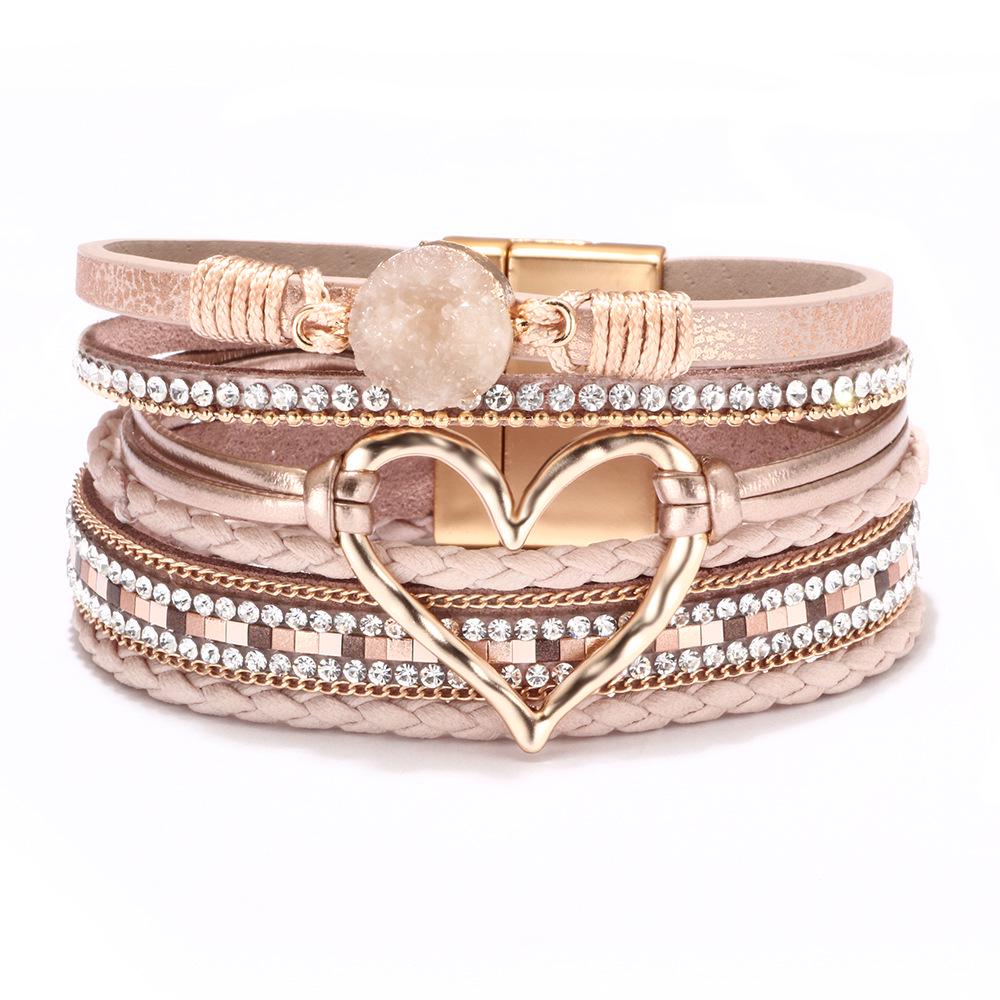 Bohemian Heart Rhinestone Magnetic Clasp Faux Leather Bracelet for Women