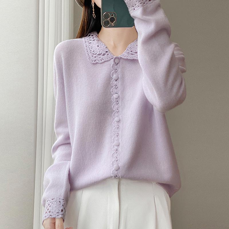 Women's Wool Polo Collar Cardigan: Fashionable, Versatile, Age-Reducing Cashmere for Autumn/Winter.
