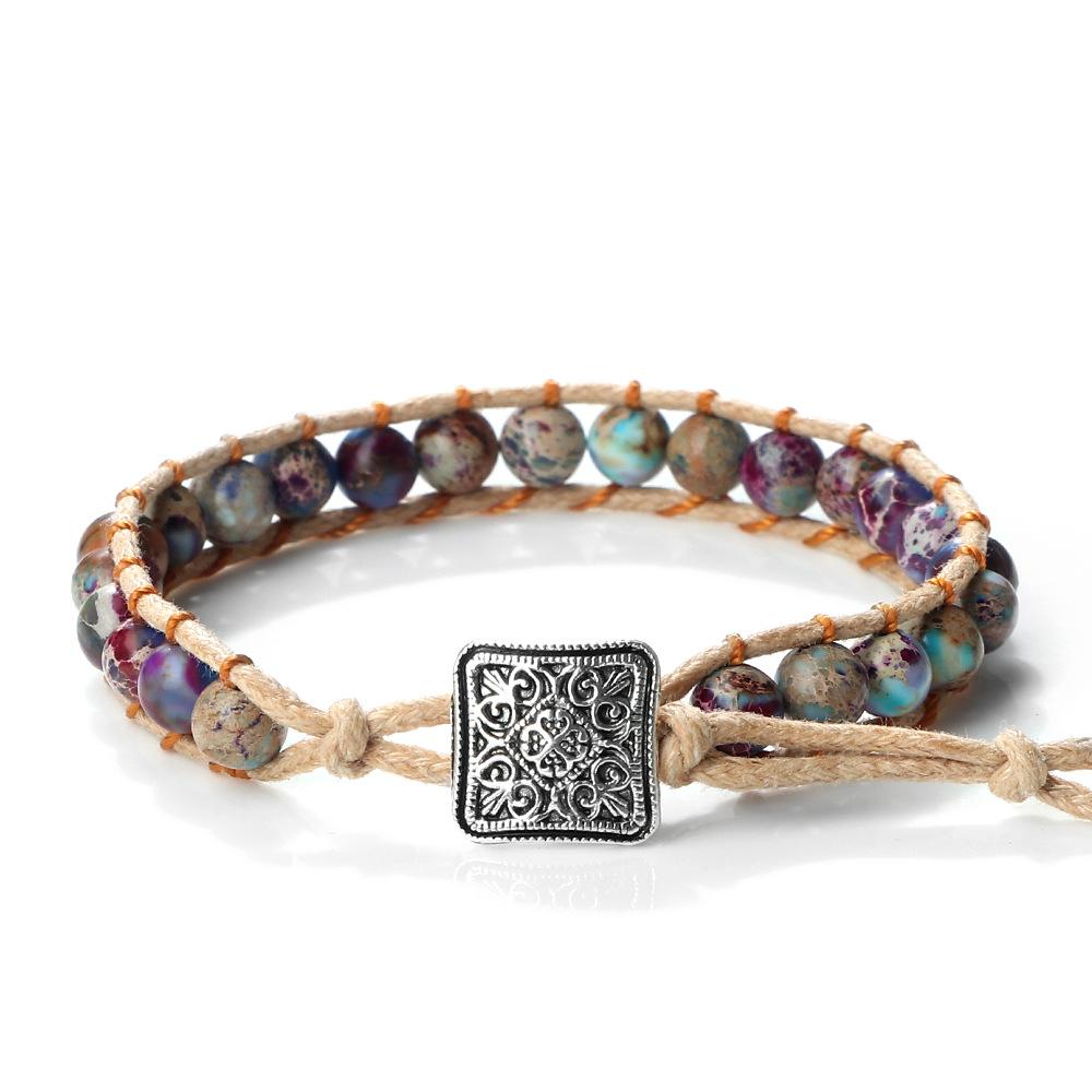 Vintage Bohemian Handmade Hemp Rope Bracelet Imperial Stone Beaded 3D Bead Charm Bangle