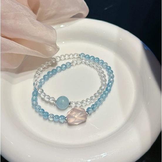 Natural White Crystal6mm Sweet and stylish double-circle bracelet for women, featuring pink crystal and aquamarine, suitable for layering