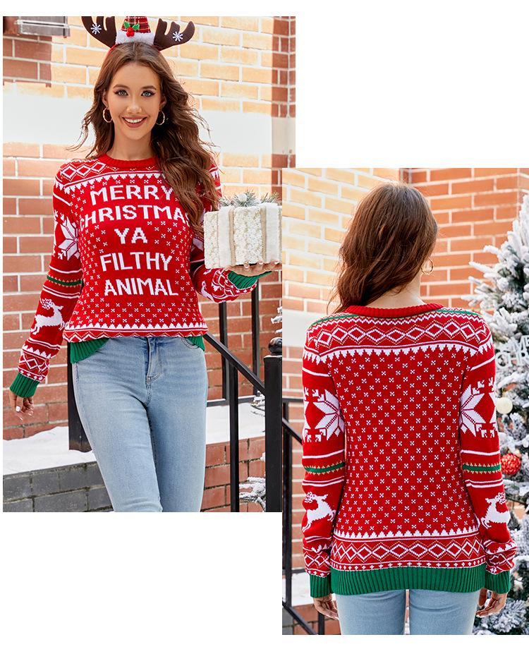 Women's Autumn and Winter Round Neck Sweater Christmas Knitted Pullover Letter Cartoon Thickened Sweater Long Sleeve Top