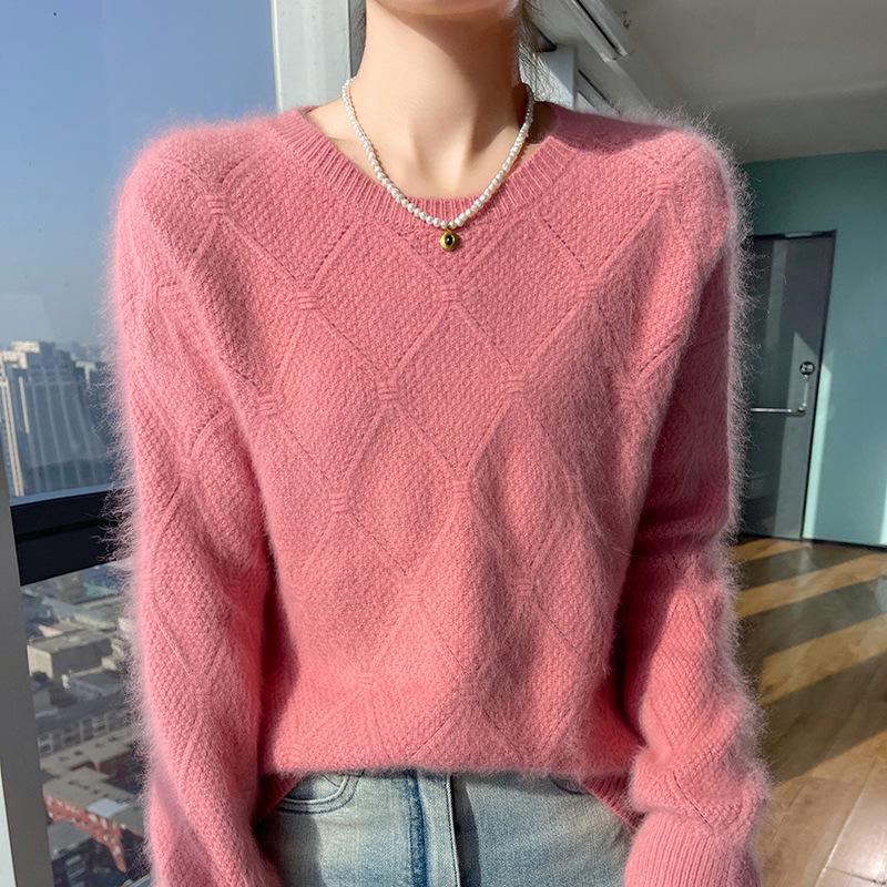 2025 Autumn/Winter Women's Loose Mink Cashmere Pullover - Round Neck, Solid Color, Diamond Knit