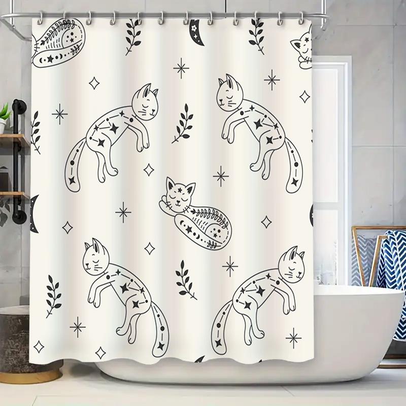 

Whimsical Cat Constellation Shower Curtain Black White Cartoon Print For Bathroom Decor In Various Sizes Polyester Fabric Water W60H190(CM)-1 Pcs