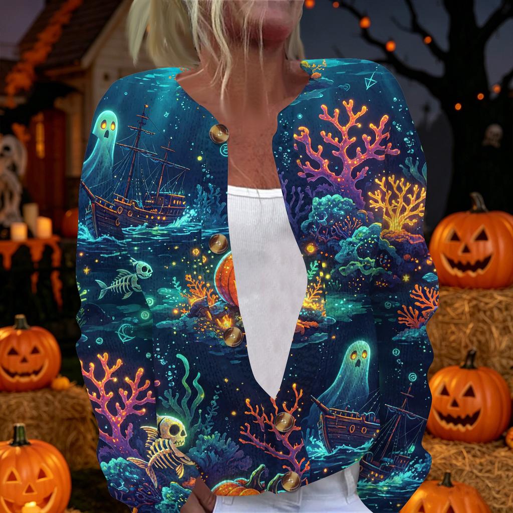 Women's Halloween Print Long Sleeve Knit Cardigan Button Up Sweater Coat Lightweight Comfortable Fit Seasonal Outerwear