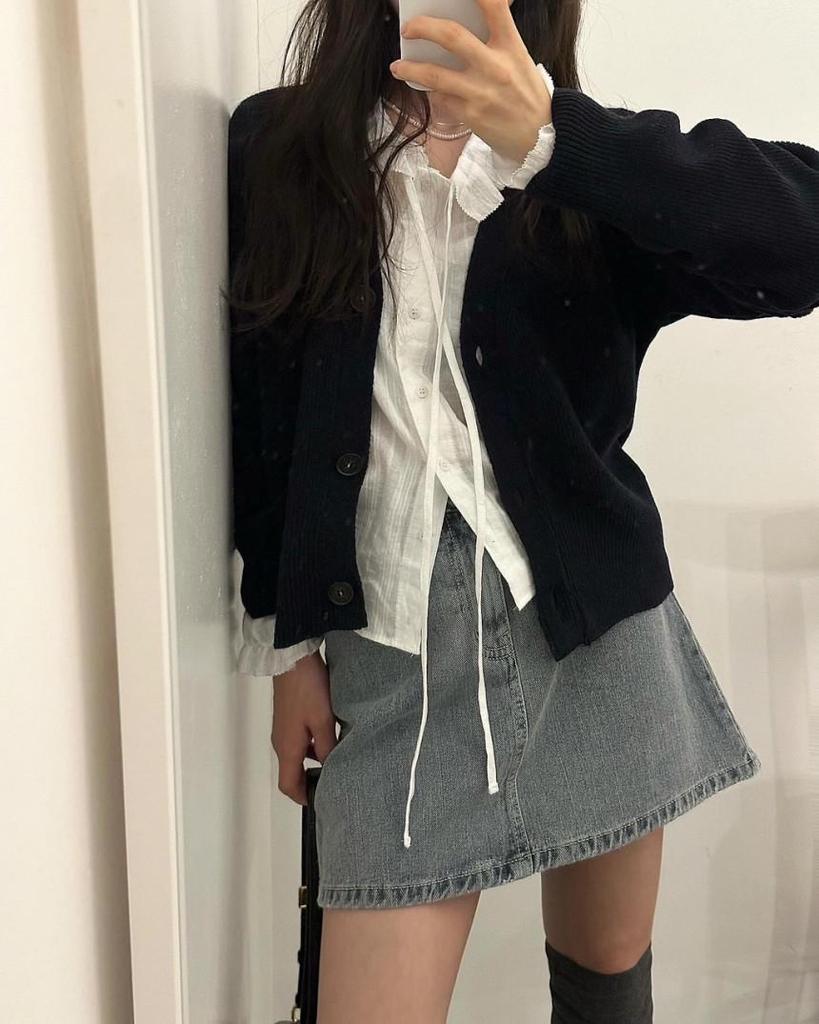 Korean Chic Cotton Jacquard Ribbon Shirt & Cable Knit Vest Set for Women