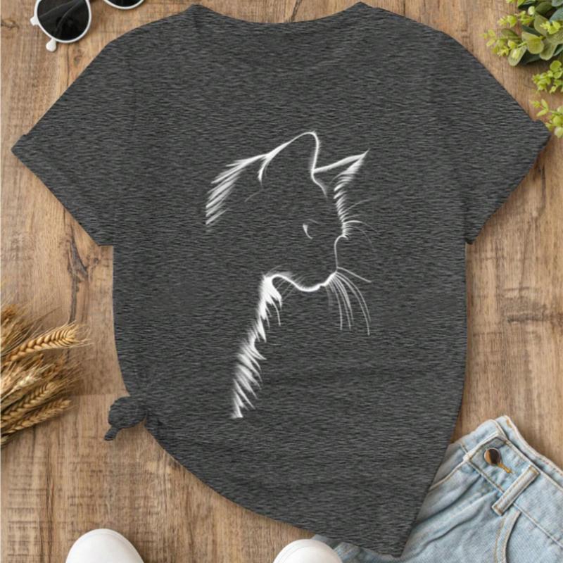 Fashion Women Cool Line Cat Print T Shirt Funny Casual O-neck Short Sleeves T-shirt Summer Female Tee Shirt