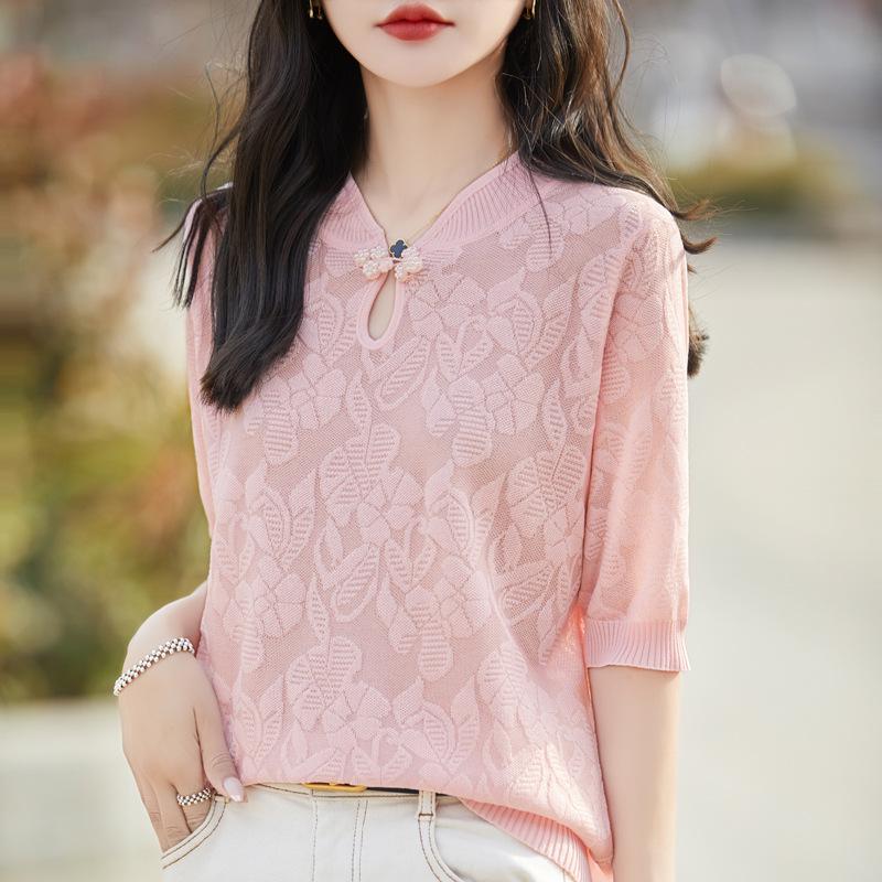 Spring/Summer Wool Knit Qipao Collar Mid-Sleeve Jacquard Top