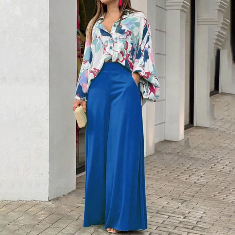 Women s Clothing Elegant Temperament Printed Shirt High-waist Wide-leg Pants Casual Suit 3XL