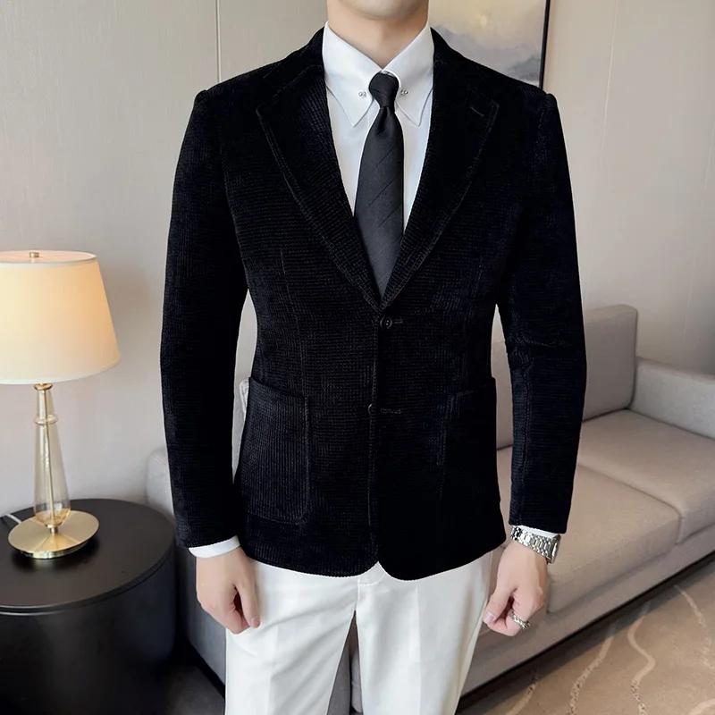 Осень Зима Мужской Вельветовый Костюм Куртка Мужская Приталенная Деловая Социальная Блейзеры Мода Мужчины Свадебный Банкет Вечеринка Платье Пальто 4XL чёрный