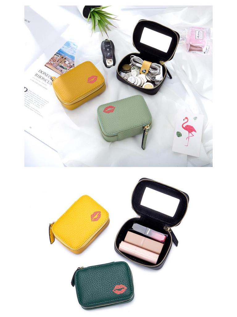 Damen Mini-Lippenstifttasche aus echtem Leder mit Spiegel - Modische und tragbare Drei-in-Eins Make-up-Tasche
