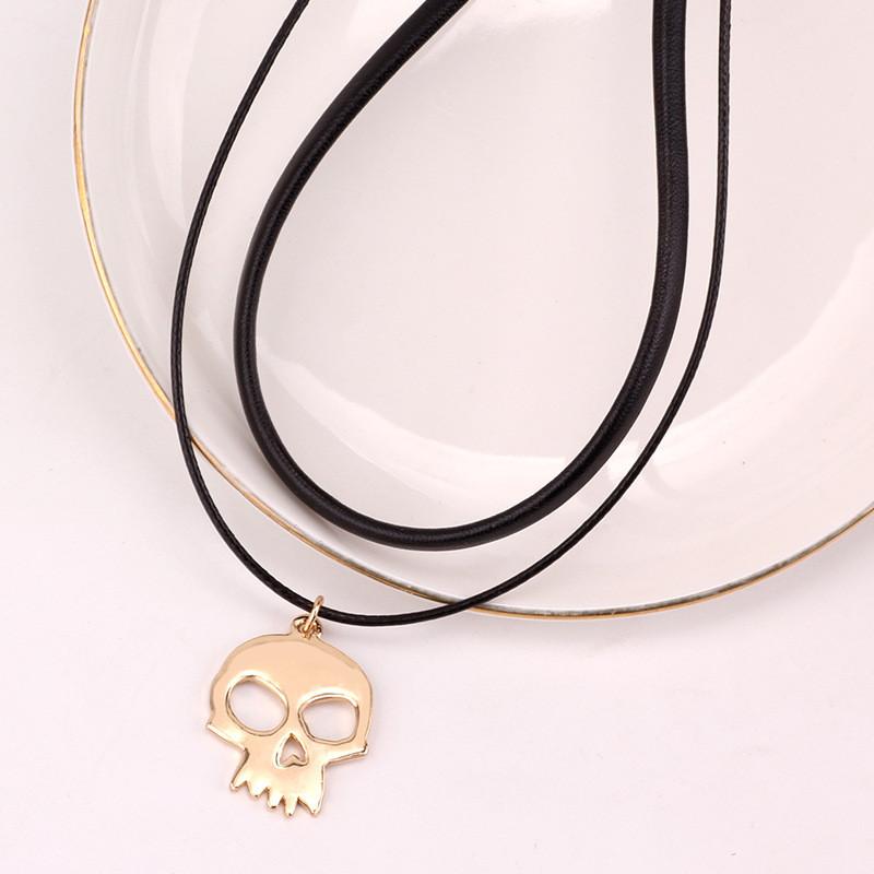 Versatile Dual Layer Skull Choker Necklace Unisex Stylish Black Cord Alloy Pendant For Neck