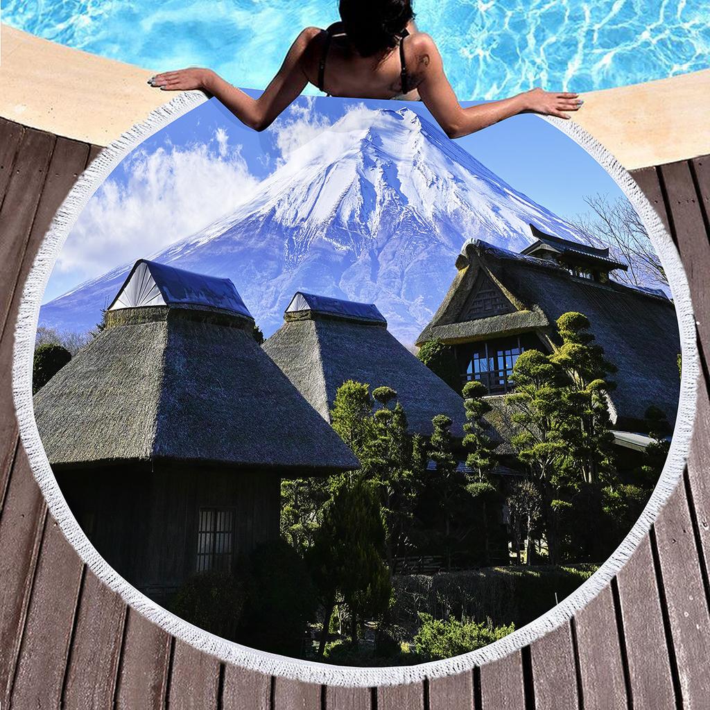 Japanese Mount Fuji Round Beach Towel,Snow Mountain Sand Free Lightweight Beach Blanket,Absorbent Quick Dry Pool Towel Yoga Mat